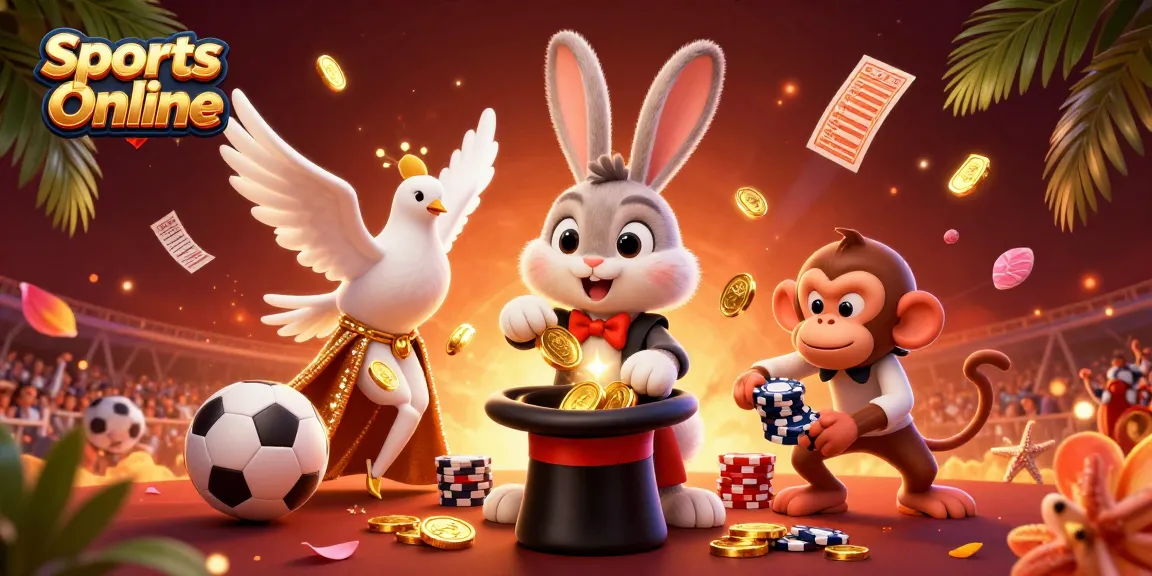 Bet on Sports Online with this vibrant scene featuring a magician rabbit, dove assistant, and playful monkey!