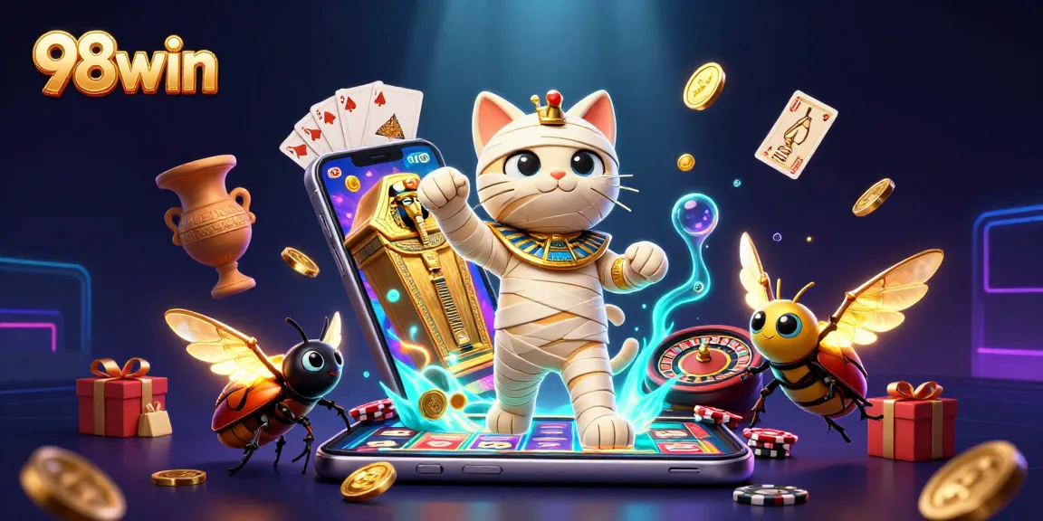 Experience the thrill of 98win with a vibrant casino scene featuring an Egyptian mummy cat and glowing scarab.