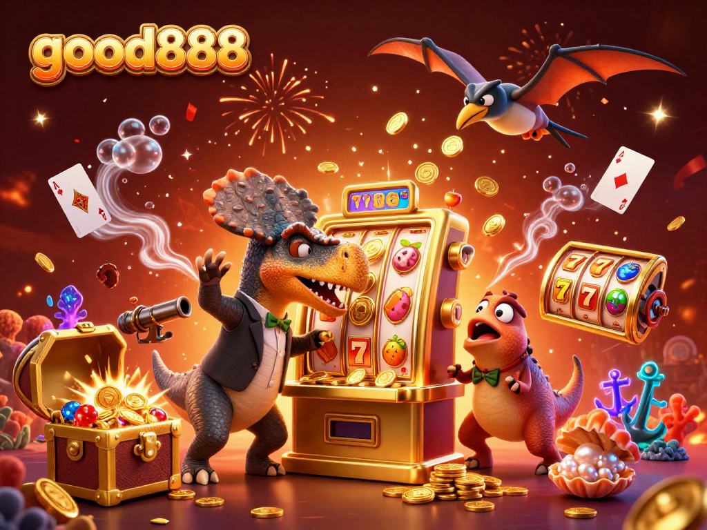 good888 highlights thrilling jackpots with cartoon dinosaurs in an energetic casino scene.