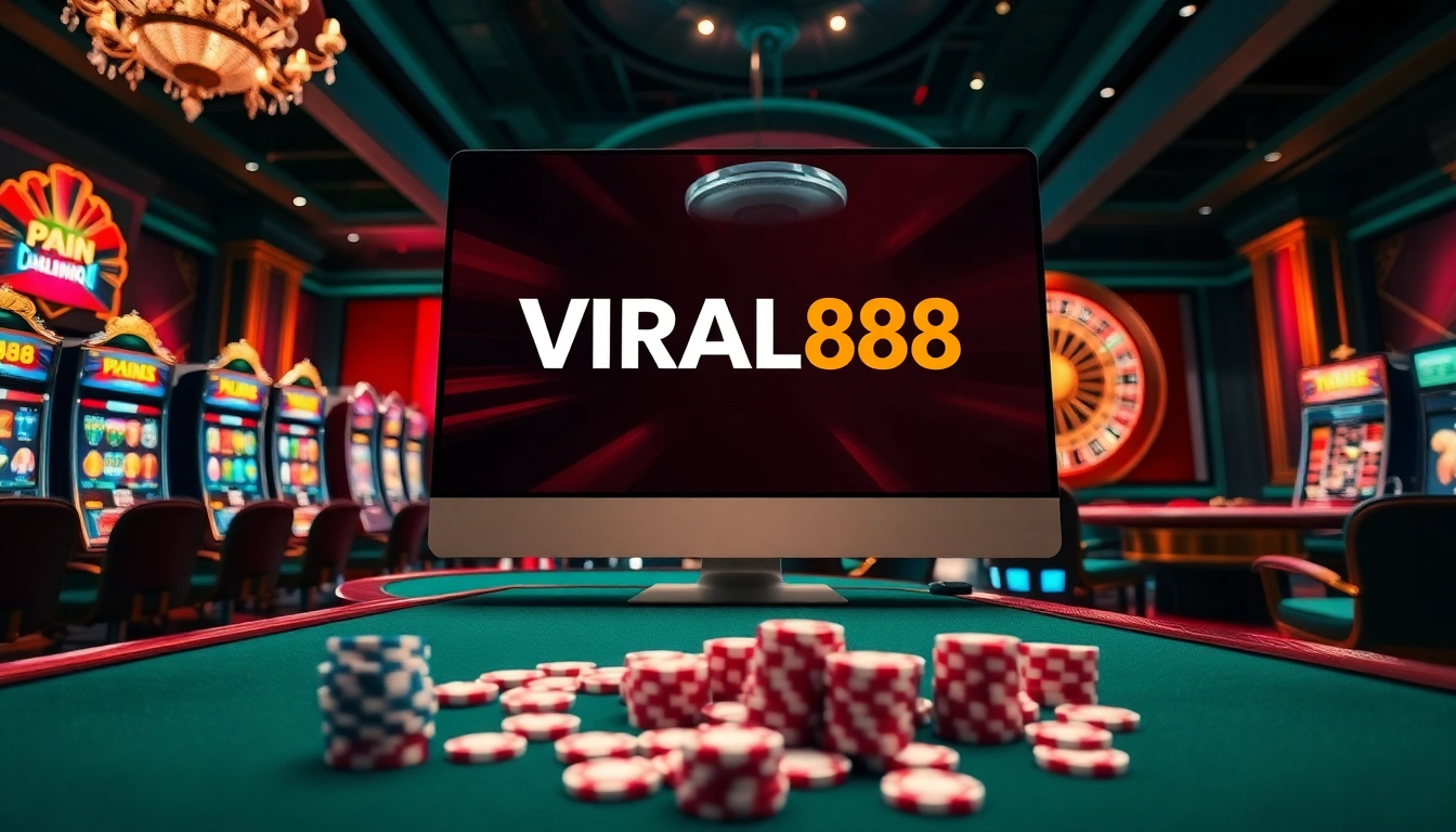 VIRAL88 gaming interface highlighting exciting slot machines and table games in a luxurious casino setting.