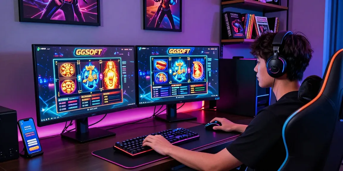 Gamer bermain slot gacor di setup gaming modern dengan grafis menarik dan peralatan canggih.