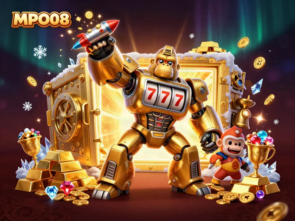 MPO08 presents a dynamic 3D mascot offering jackpot thrills with golden treasures in a vibrant casino atmosphere.
