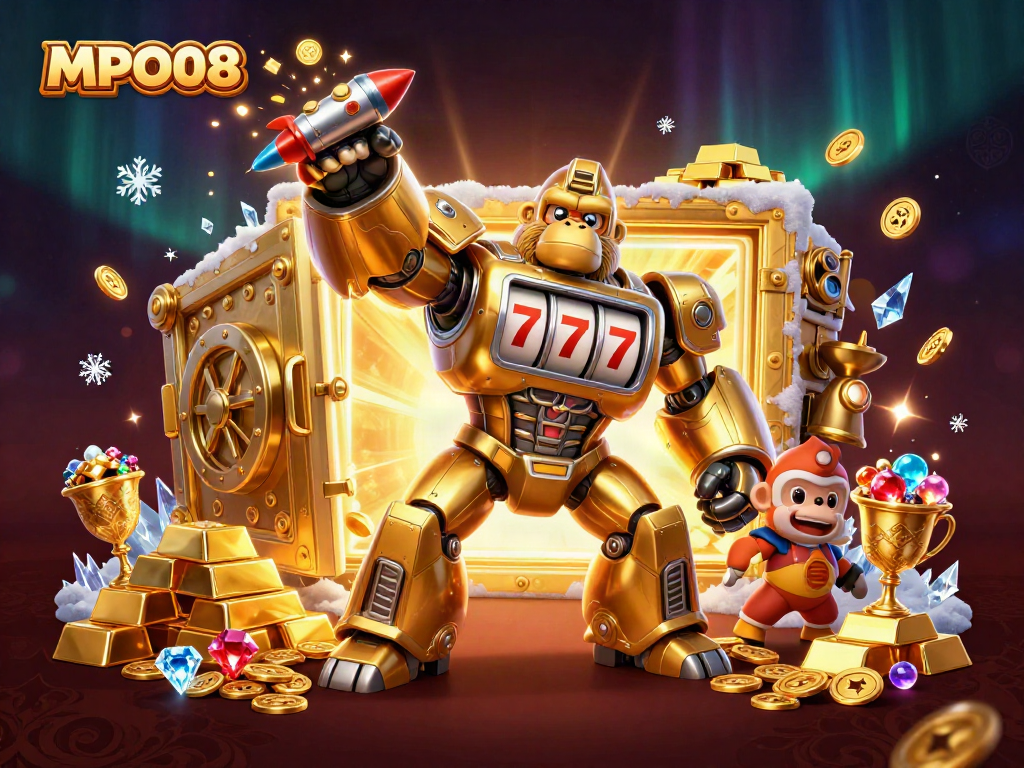 MPO08 presents a dynamic 3D mascot offering jackpot thrills with golden treasures in a vibrant casino atmosphere.