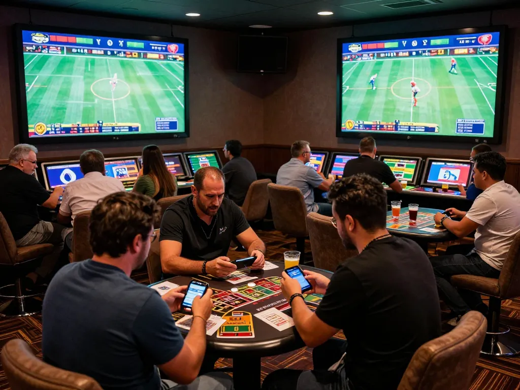 Sports bettors engaging with hi88 games on handheld devices and big screens in a lively casino.