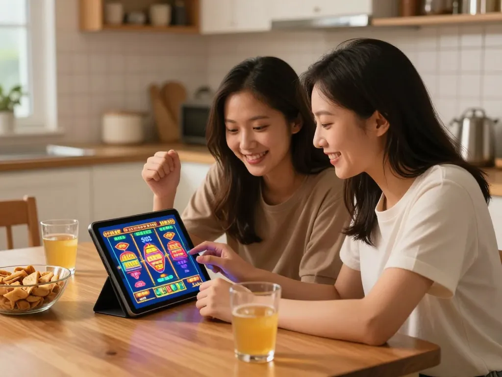 Pasangan yang terlibat menikmati permainan slot online jalatogel yang mendebarkan di meja dapur mereka.