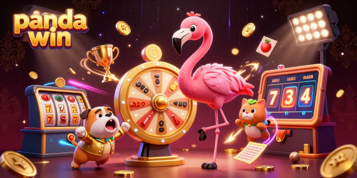 The panda win brand showcases an exciting casino scene with a cartoon flamingo host, bulldog contestant, and big prizes.