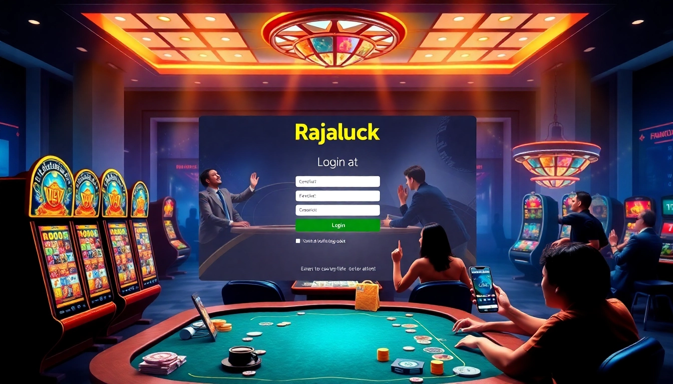 Players engaging with the Rajaluck Login page in an exciting casino environment filled with vibrant slot machines and digital poker tables.