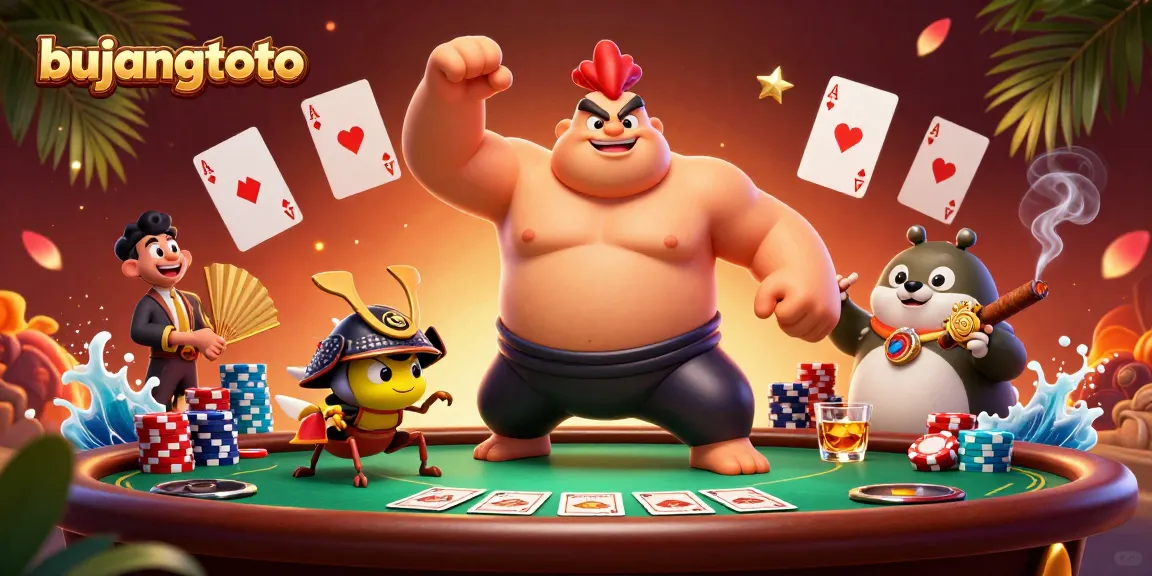 Engaging scene of bujangtoto with a sumo rooster, samurai cricket, and tanuki at a poker table.