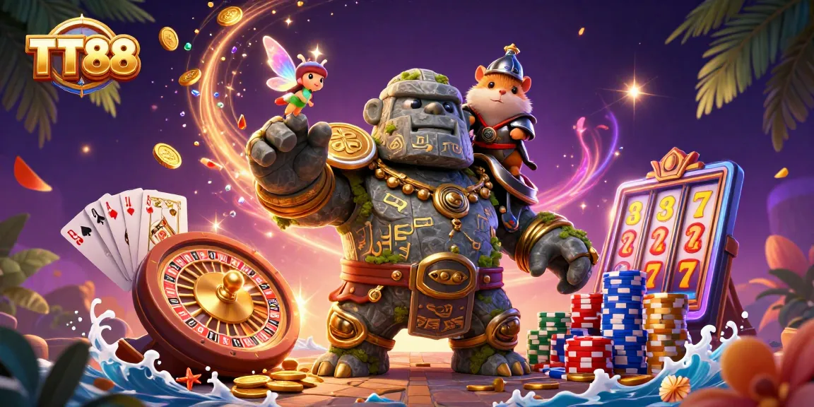 Experience the thrill of TT88 with a vibrant, magical casino scene showcasing spinning roulette, coins, and characters.