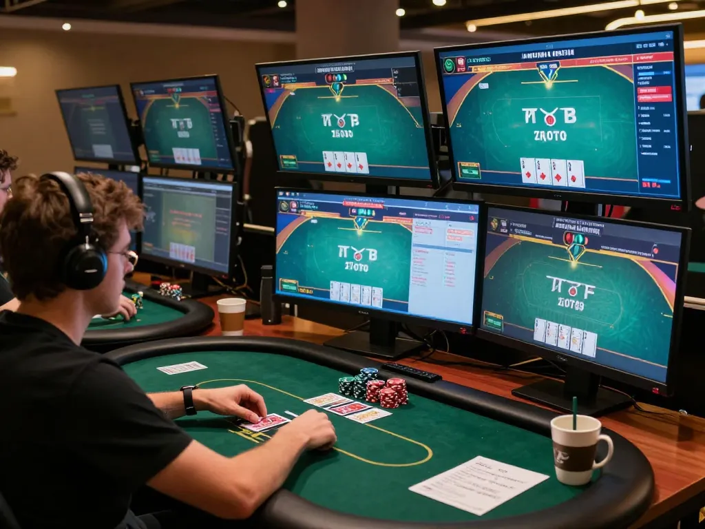 LGOLUX players strategizing during an intense online poker game with multiple screens