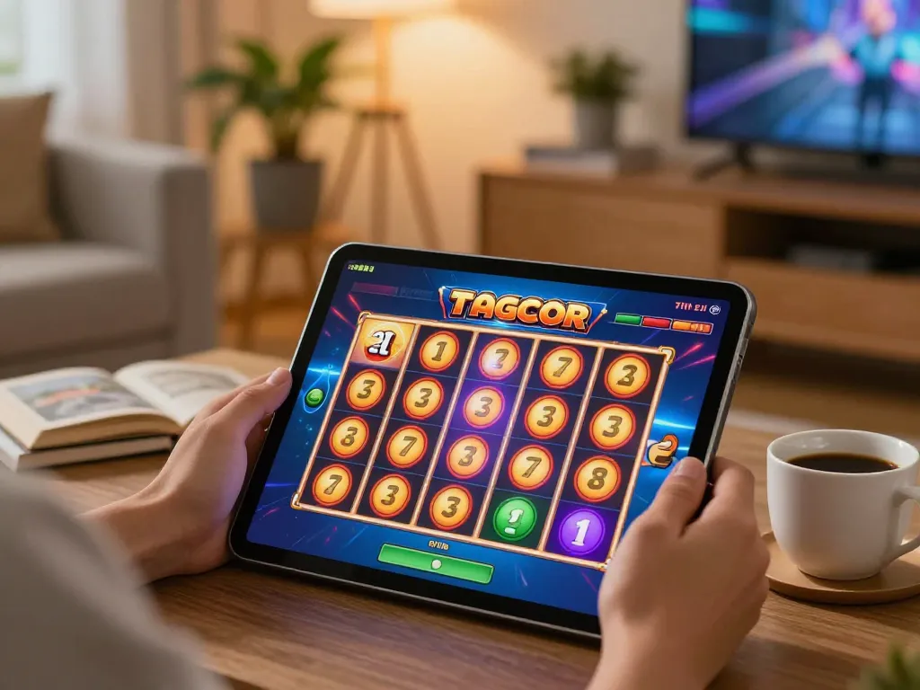Engaging gameplay on toto slot gacor displayed on a tablet in a cozy home environment.