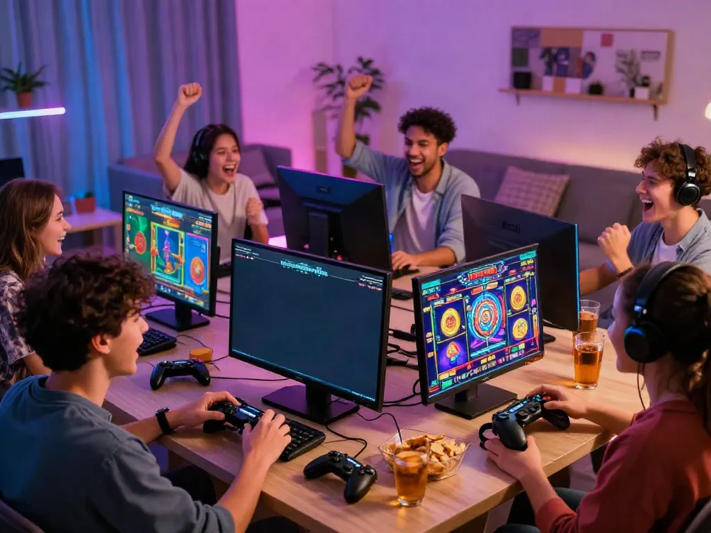 Friends enjoying a lively gaming session with rokok88 slot games on a big screen, laughter and excitement in a modern living room.