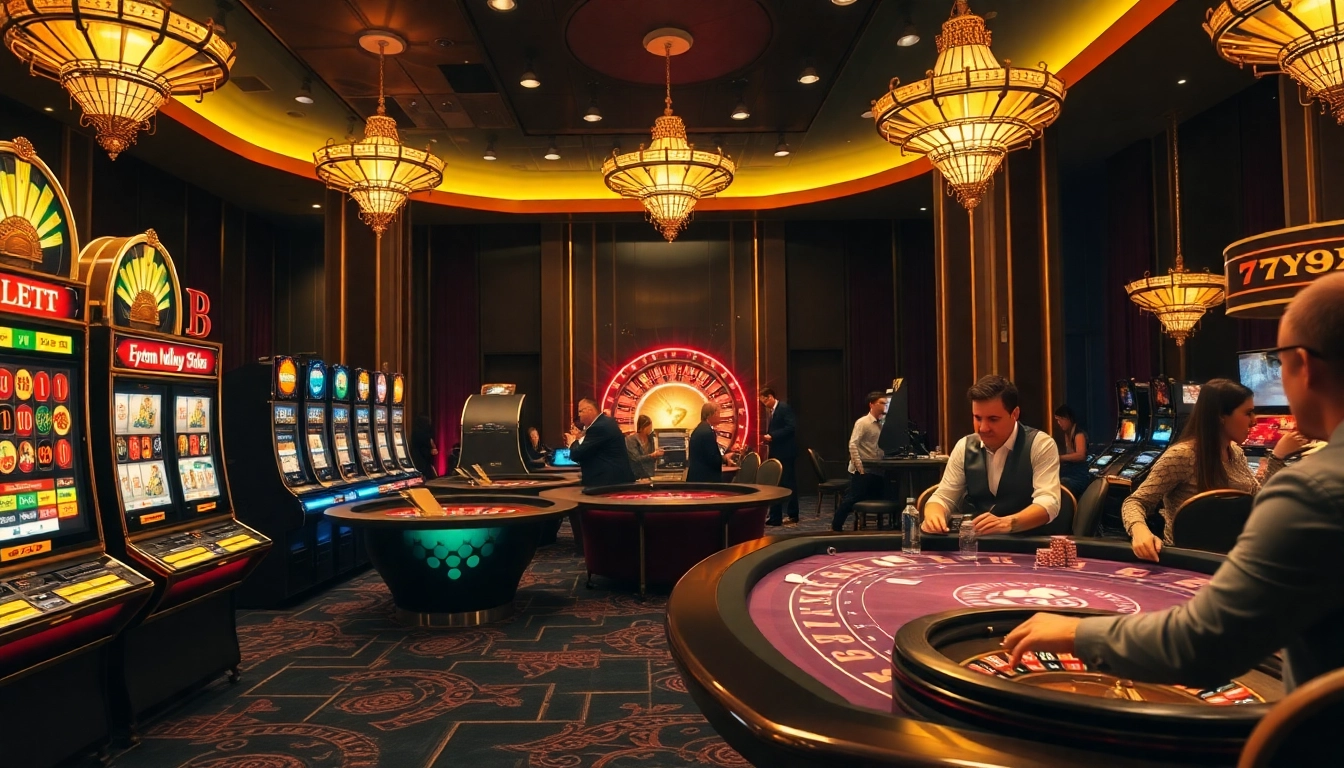 Players enjoying high-stakes games at the 789f site casino, with vibrant slot machines and a roulette wheel.