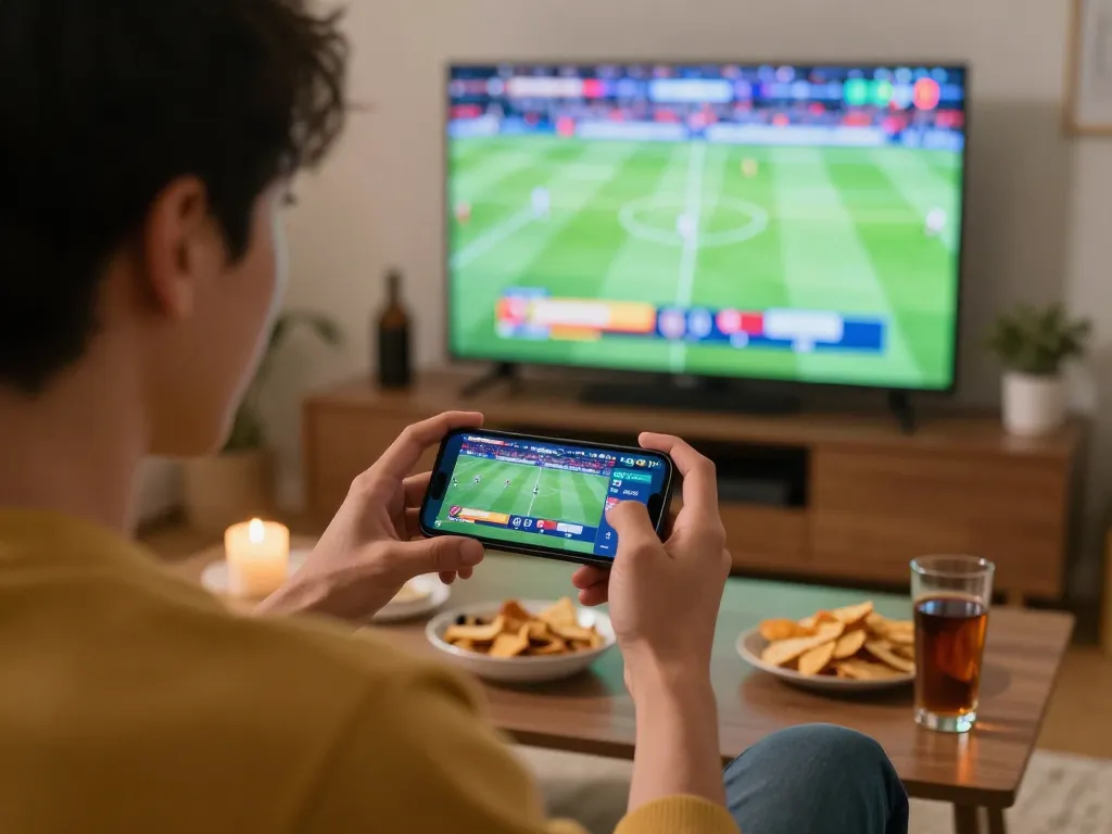 Xoilac sports betting action during a live football match at home, capturing excitement and engagement in gaming.