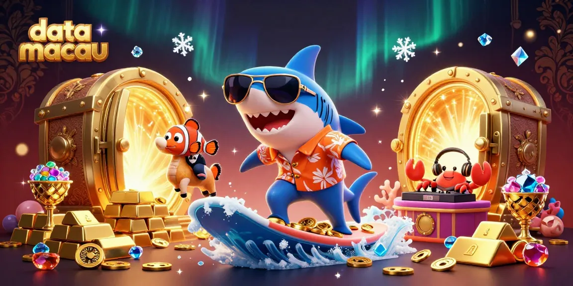 Engaging visual of data macau theme with a shark surfing on gold coins, exciting casino elements around
