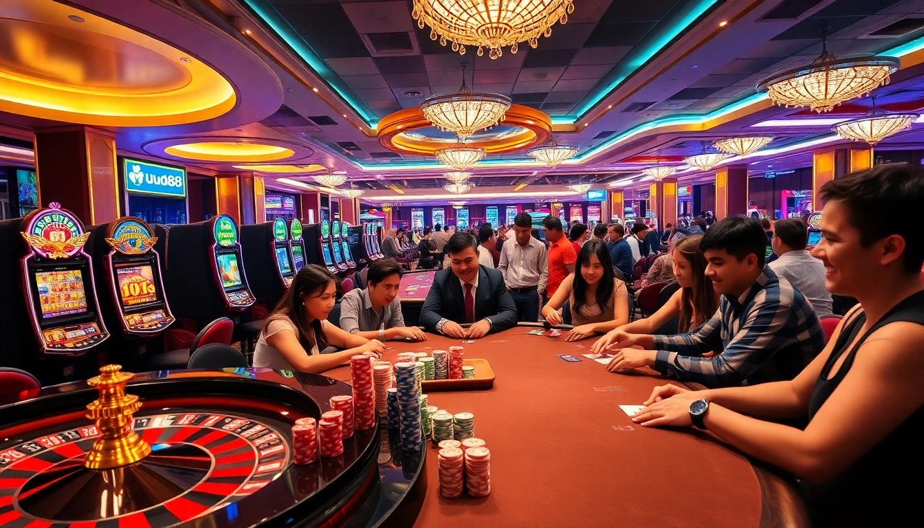 Players enjoying a thrilling gaming experience at UU88 casino with vibrant slot machines.
