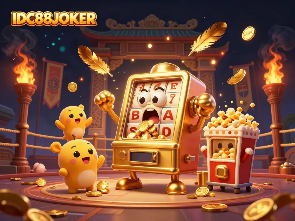 Experience jackpot excitement with IDC88JOKER as a golden slot machine celebrates its win, surrounded by cheering companions.