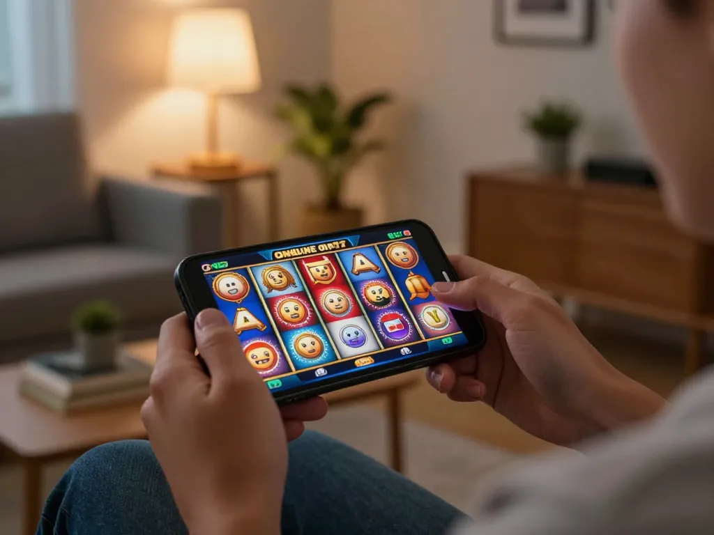 Pemain memutar slot online di smartphone dalam suasana ruang tamu yang nyaman, menekankan permainan interaktif.