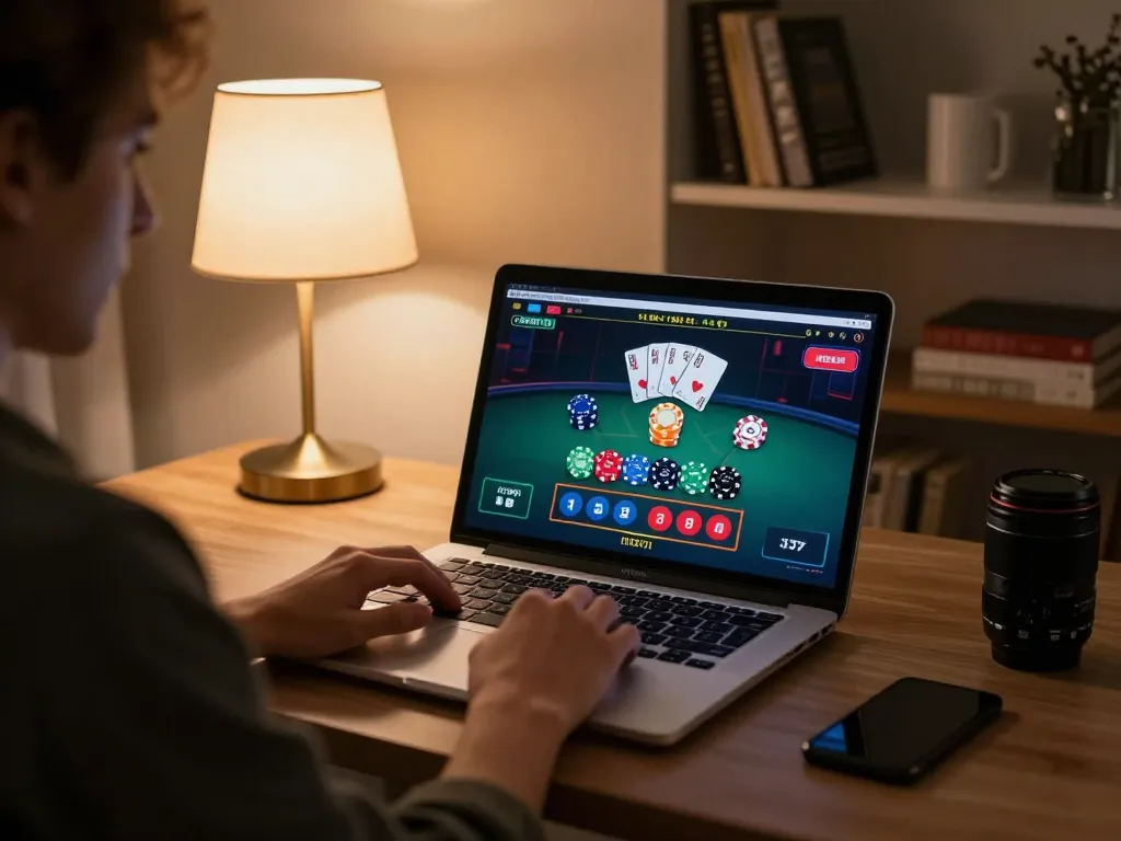 Engaging with 78win through an online blackjack game on a modern laptop at home.