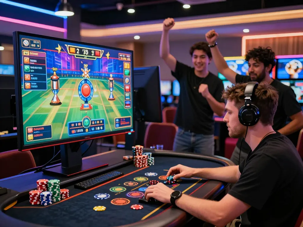 Exciting online gaming experience at https://o8.delivery/ with players celebrating wins in a vibrant digital casino atmosphere, showcasing diverse game interactions.