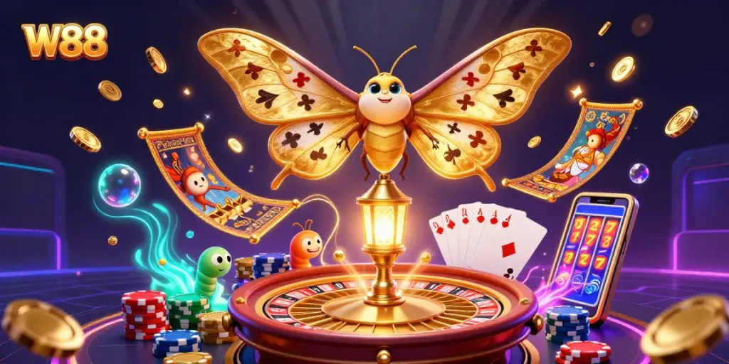 Experience the excitement of W88 casino with a vibrant digital illustration showcasing lively gaming elements and characters.