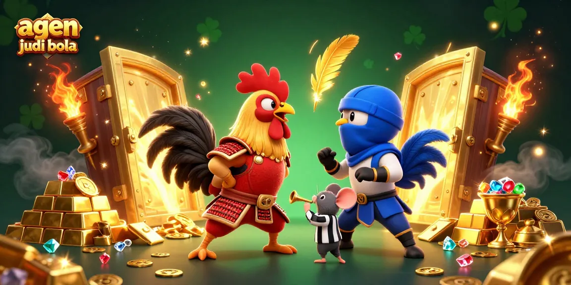 Engage in thrilling betting action with agen judi bola, featuring cartoon roosters in an intense duel.