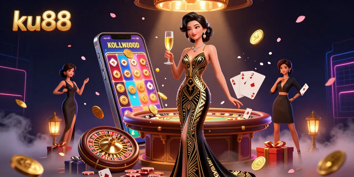 Experience thrilling gaming at ku88 with an elegant Asian woman holding a champagne glass amid vibrant casino elements.