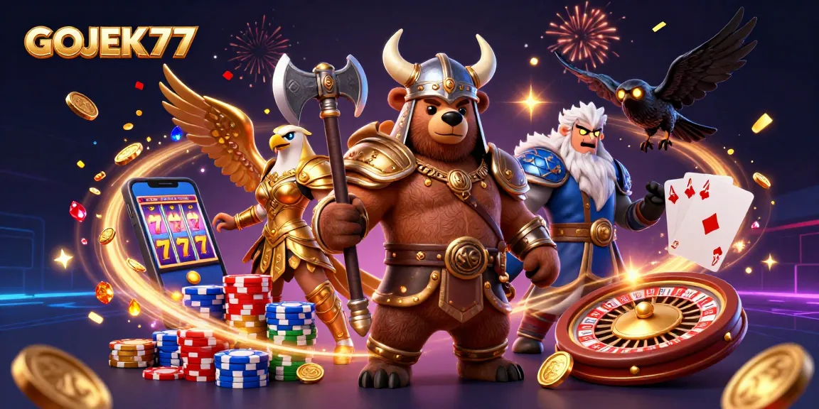 Spin the reels at GOJEK77 with an exciting illustration of slot games and fortune elements.