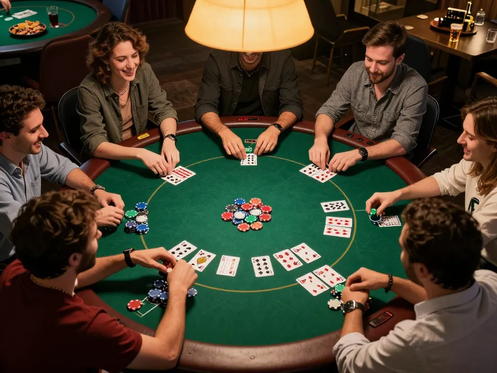 Friends enjoying a lively poker game at home while using MPO08 platform for betting strategies.
