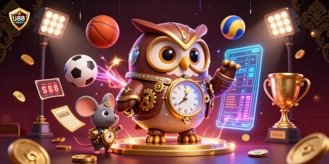 Engage with u88's exciting betting world, featuring a whimsical steampunk owl in a vibrant casino scene.