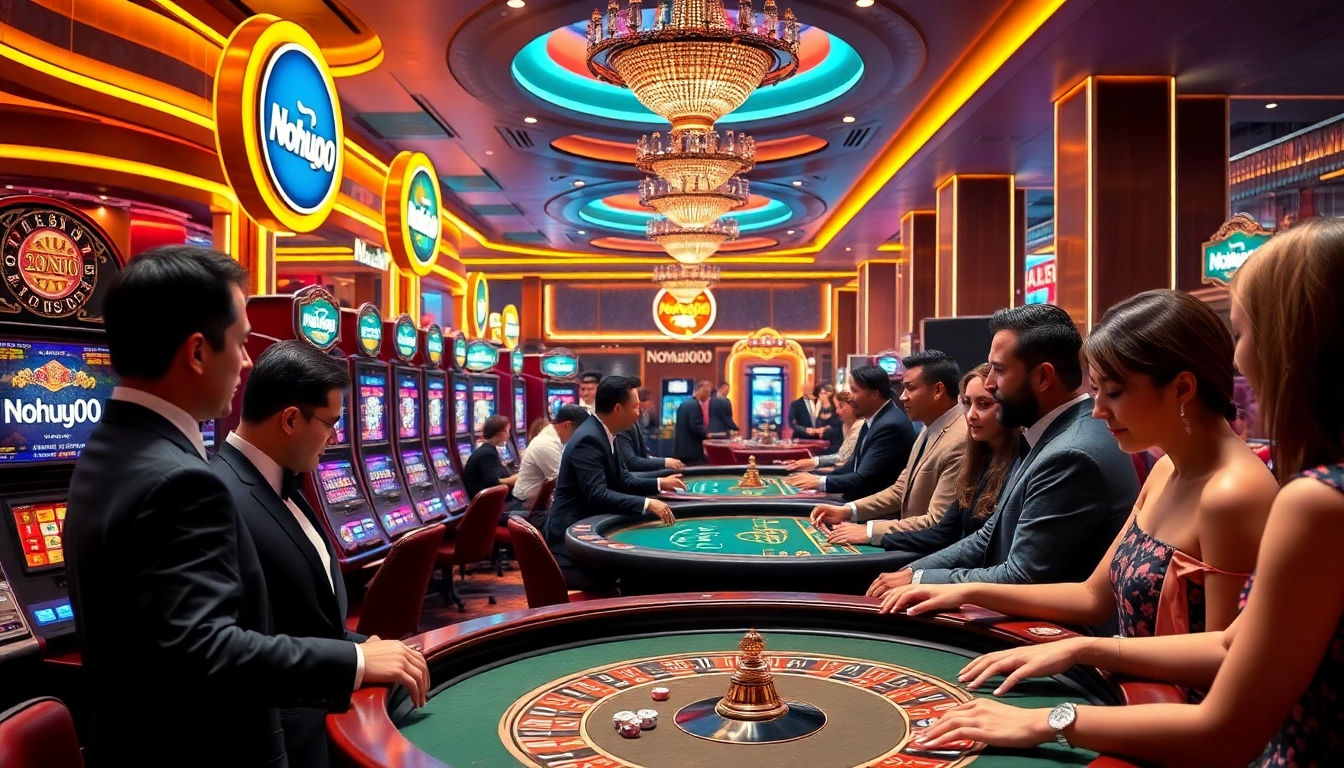 Nohu90 online casino scene with vibrant slot machines and engaged players at poker tables.