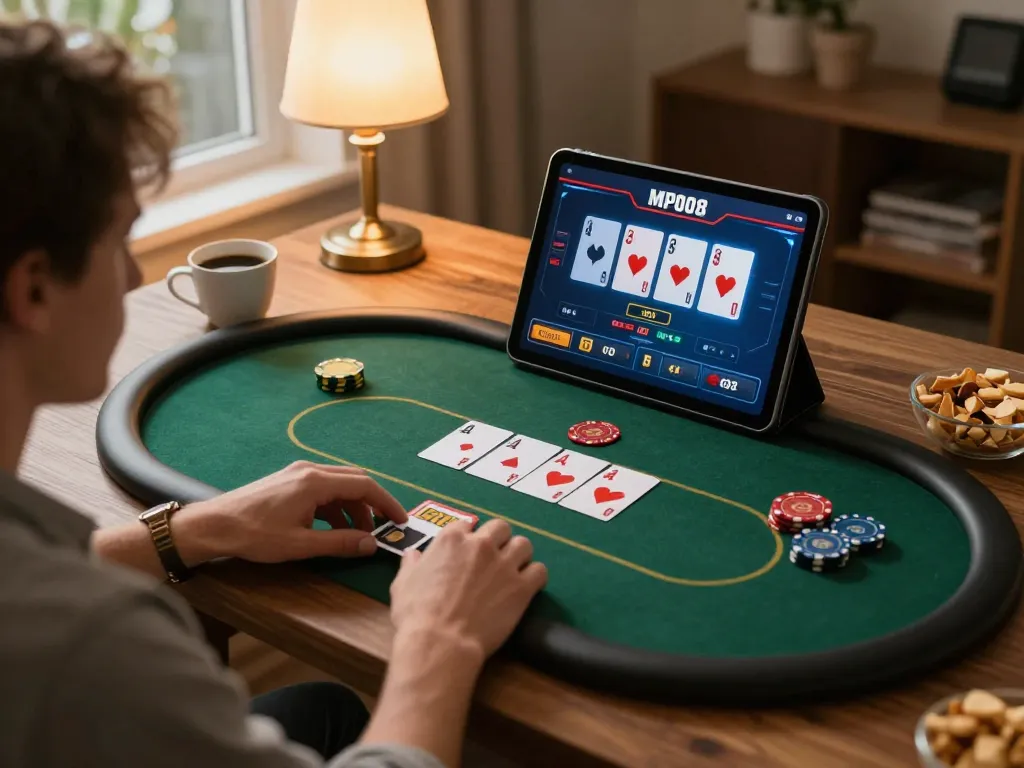 MPO08 player strategizing during a thrilling online poker game at home, focused and engaged.