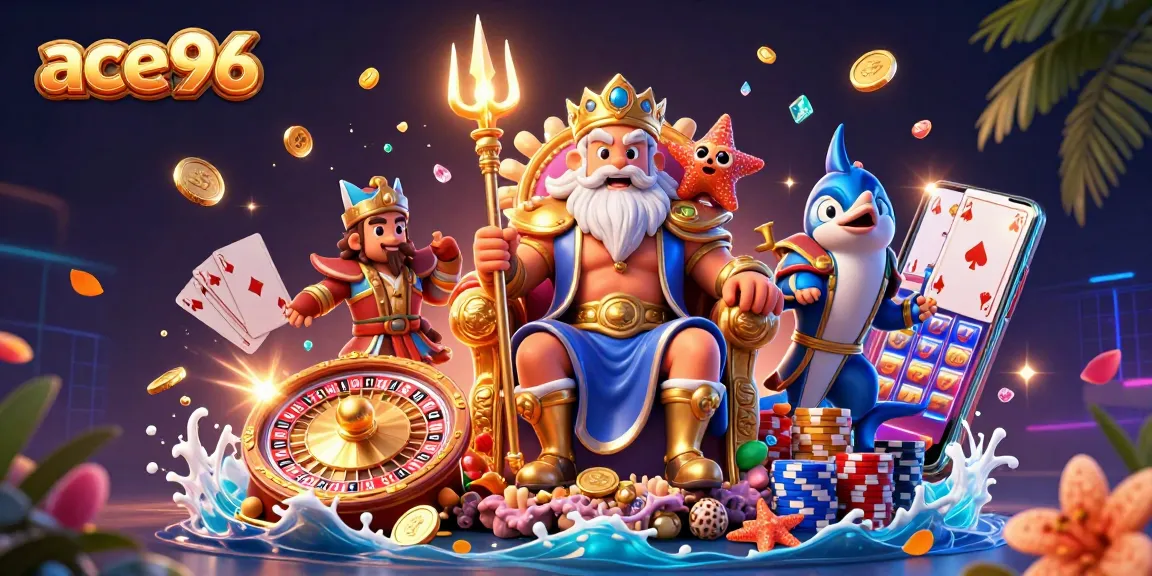 Engage with ace96 thrill in a vibrant casino scene featuring a royal flush, roulette, and more.