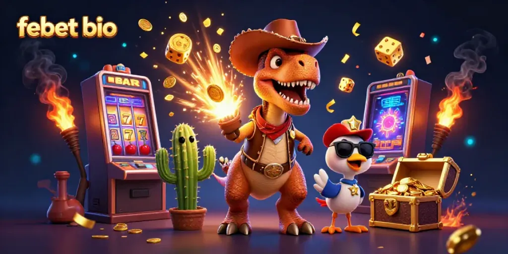 Experience vibrant gameplay with febet bio through a colorful slot explosion in a lively casino scene.