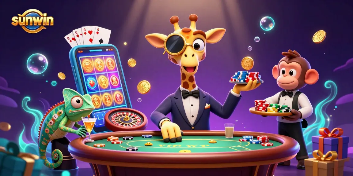 Experience the excitement with sunwin as a giraffe high-roller plays poker amidst colorful slot games.