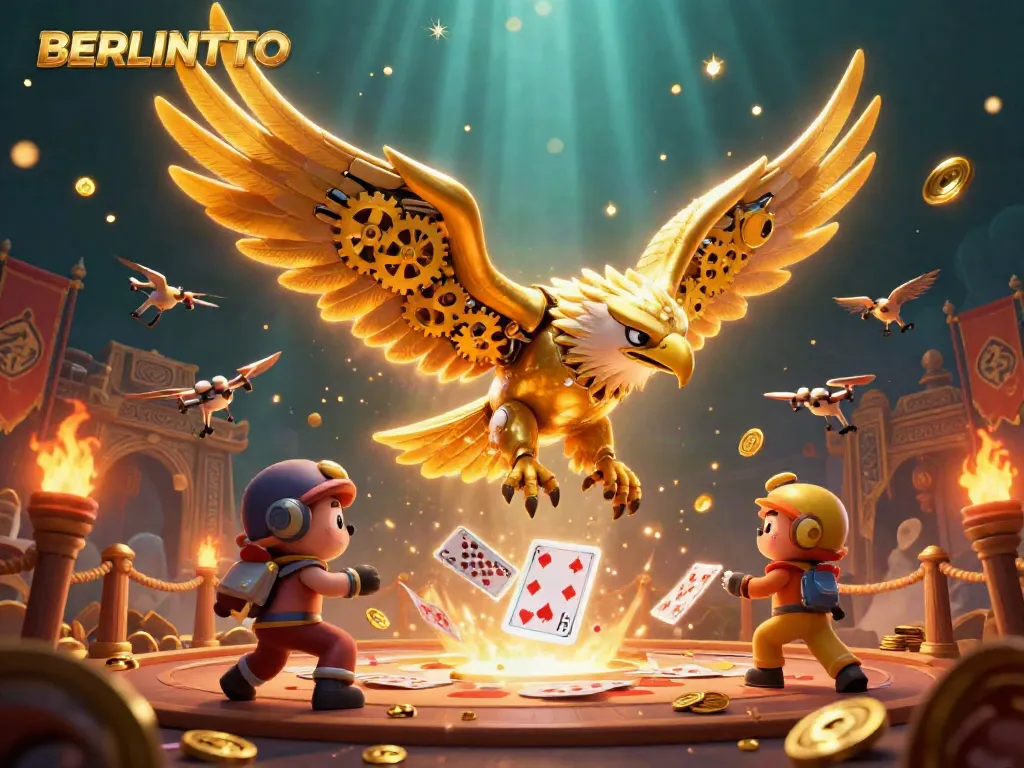 Experience the excitement of BERLINTOTO through this dynamic casino-themed illustration featuring a cybernetic eagle amidst holographic cards.