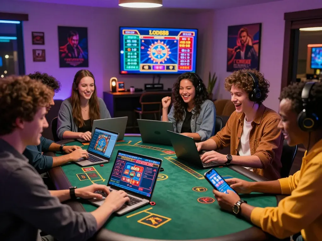 Friends enjoying LODE88 online betting games in a lively urban setting.