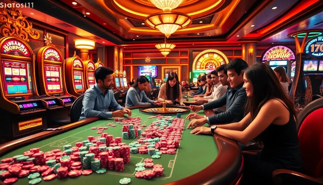 Situs11 casino scene with vibrant poker chips, engaging players, and a spinning roulette wheel in an elegant setting.