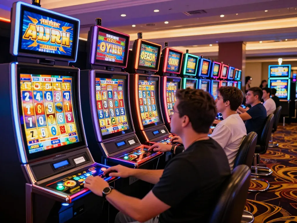 Players engaging with vibrant slot777 machines, poised for exciting spins, dynamic casino atmosphere