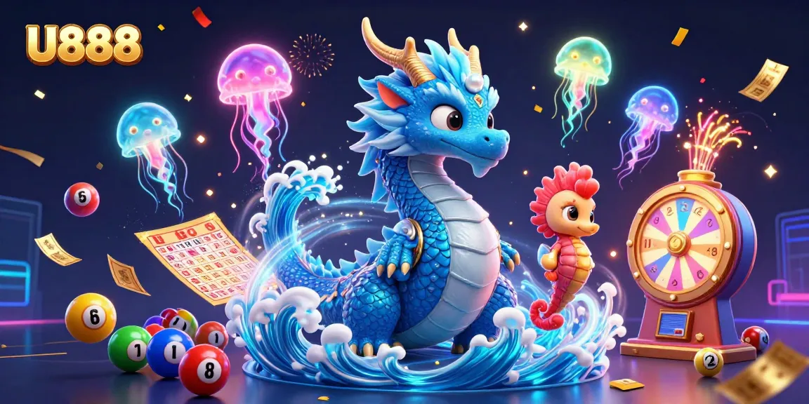 U888 showcases a vibrant casino world with dynamic elements, including colorful lottery balls and glowing jellyfish.