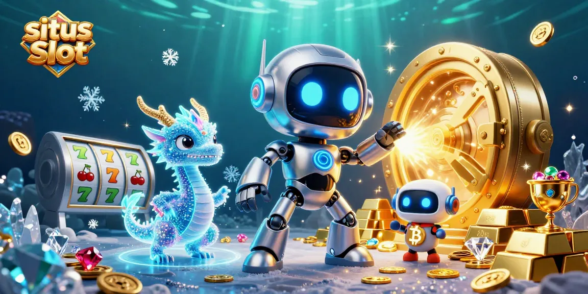 Engage in situs Slot excitement with a neon-lit cyberpunk robot and treasures in this dynamic illustration.
