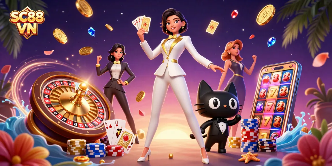 Join the excitement at SC88 VN, where a glamorous dealer shuffles cards amidst cascading coins and vibrant casino elements.