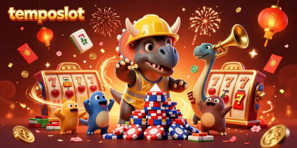Permainan slot di temposlot, karakter kartun bersorak dengan simbol keberuntungan di sekitarnya.