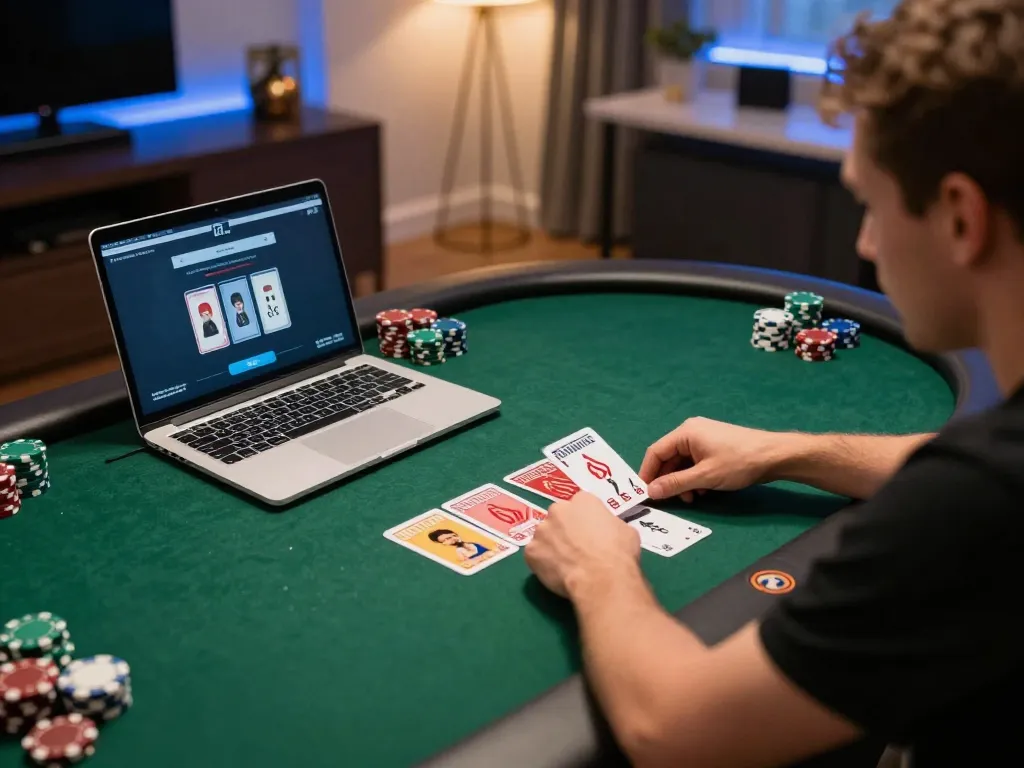 U888 poker players strategizing during an online game with virtual dealer, showcasing an engaging gaming atmosphere.