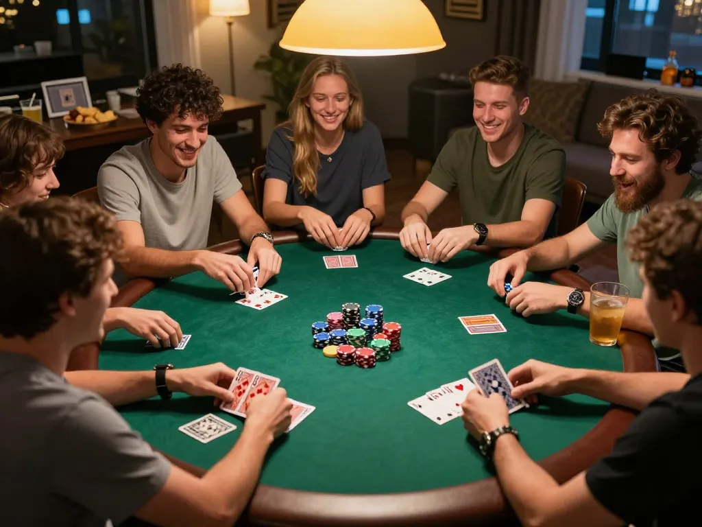 players enjoying top 10 game bài during a lively home poker night with vibrant atmosphere