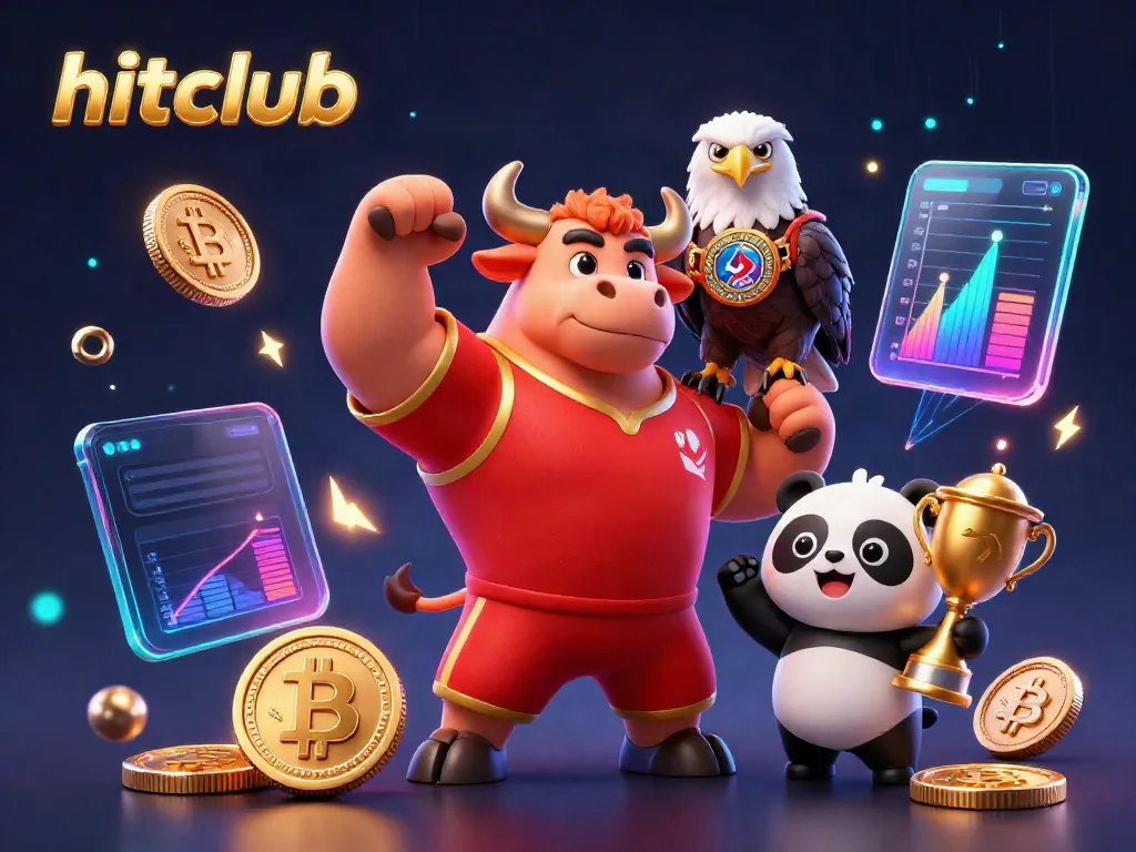 Engage with hitclub's vibrant gaming scene featuring a victorious bull mascot, eagle, and panda amidst glowing cryptocurrency elements.
