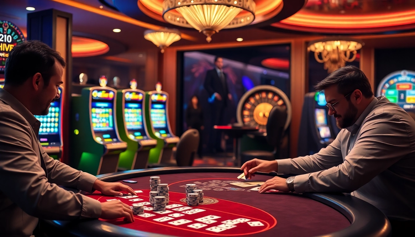 Engaged players enjoying Dominoqiu at a luxury casino table while playing cards and chips.