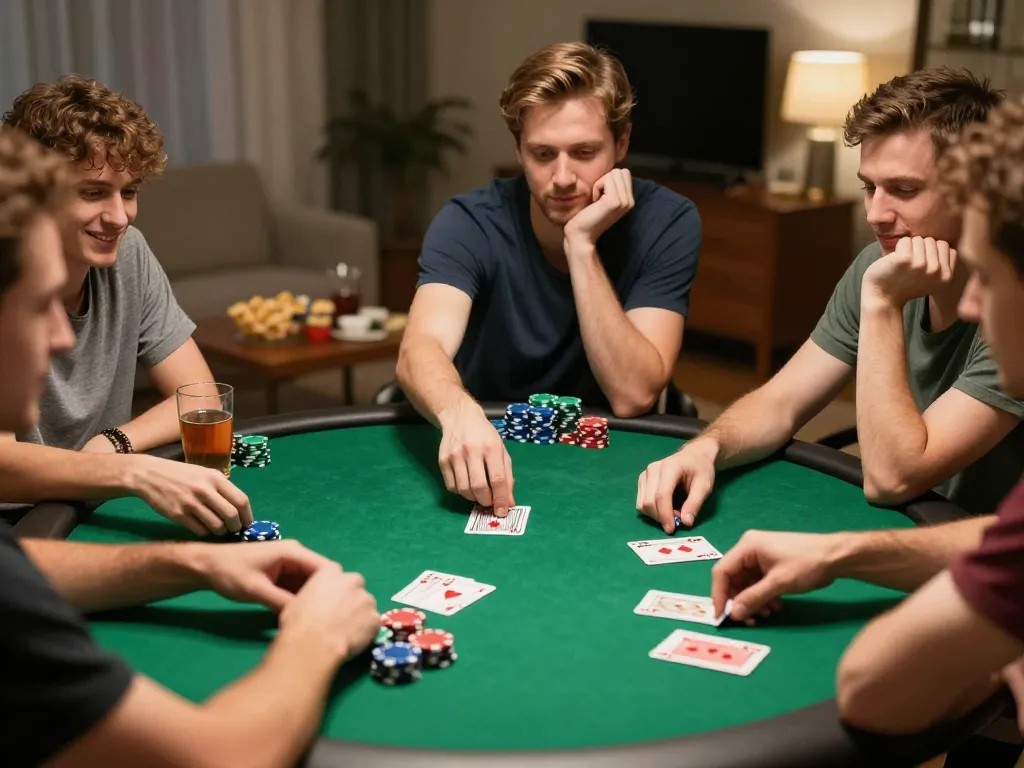 NoHu poker night scene with friends playing cards and enjoying drinks in a cozy atmosphere.