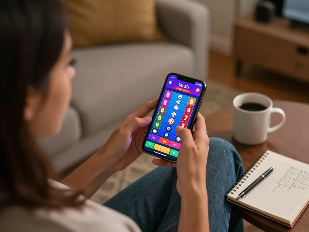 Tài Xỉu game played on a smartphone with vibrant dice results, showcasing engaging mobile gambling experience