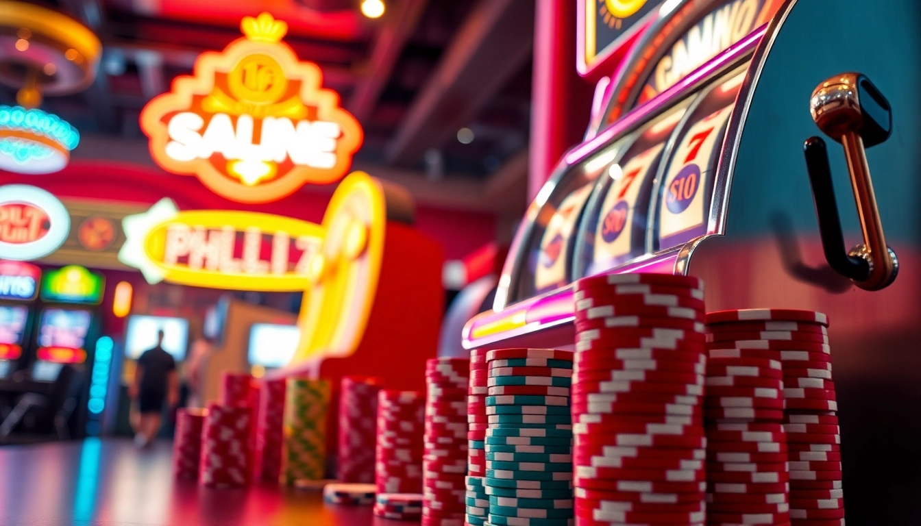 Putar slot yang mengasyikkan di mesin slot dengan banyak chip dan cahaya neon.